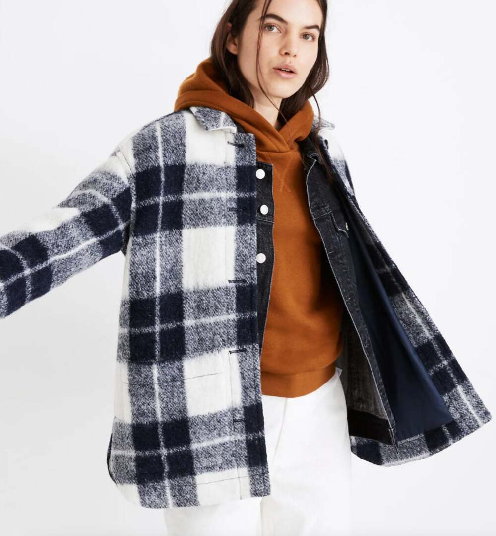 Madewell Walton Colleton Navy Cream Plaid Shirt Jacket Wool blend M